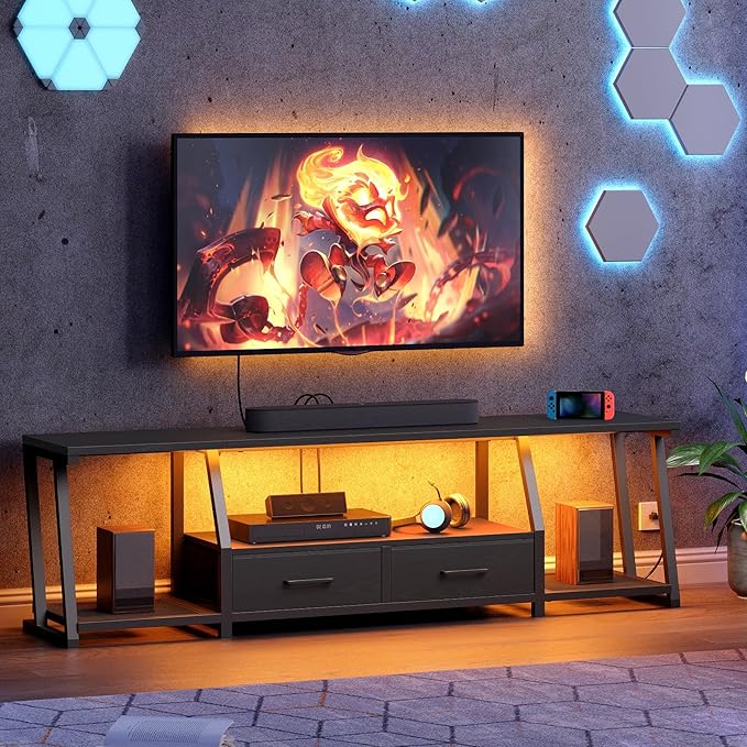 LED TV Stand with Fabric Drawers for 80 Inch TV, Entertainment Center with Power Outlets and Open Storage Shelves, Industrial Media TV Console Table for Living Room, Bedroom, Black