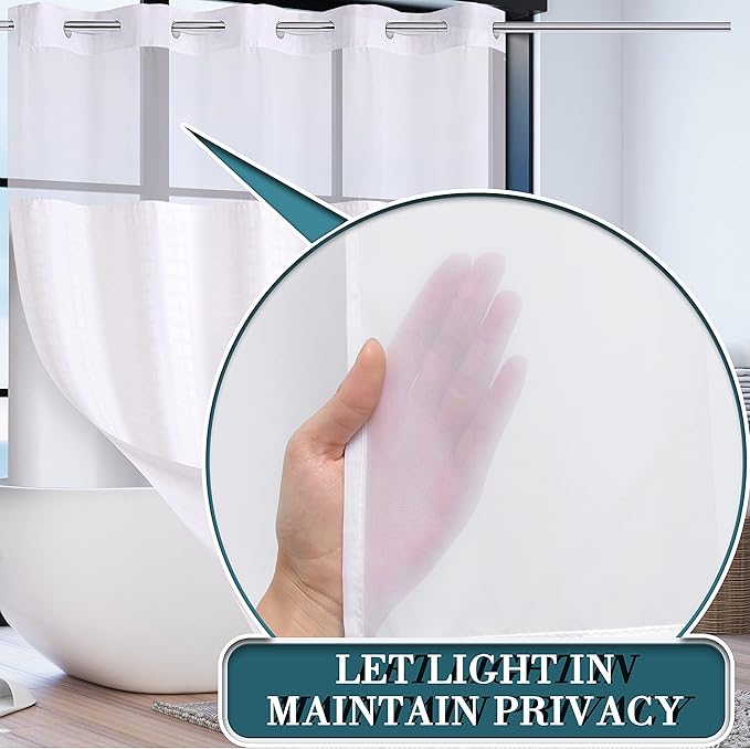 Conbo Mio No Hook Shower Curtain with Snap in Liner Set, Hotel Luxury White Shower Curtains for Bathroom with See Through Top Window, Waterproof, Washable 71W x 74H