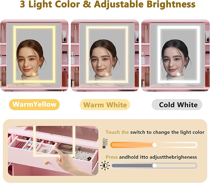 Makeup Vanity Desk with Mirror and Lights, Pink Vanity with Glass Top, Jewelry Storage, Power Outlets, 3 Drawers & 2 Cabinets, Adjustable LED Lighting, Dressing Table for Women & Girls Bedroom