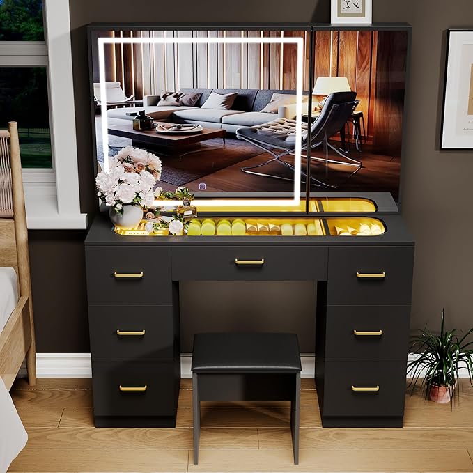 Vanity Desk with Mirror and Lights,Makeup Vanity Table with Glass Top and 7 Drawers&Cushioned Stool,Dressing Table with Drawers, Bedroom Makeup Desk for Women(Black-Glass top)