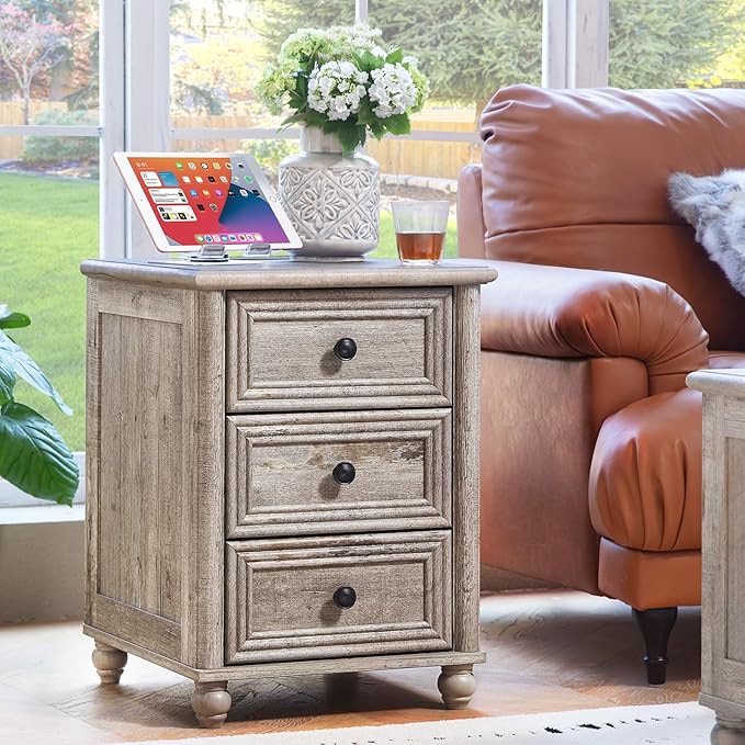 18" Farmhouse Night Stand Set 2 with Charger Station, Grey 2 & 3 Drawers Wood Nightstand, Bedside End Table with Storage and Roman Column, Bed Side Tables Cabinet for Bedroom, Living Room, and Closet