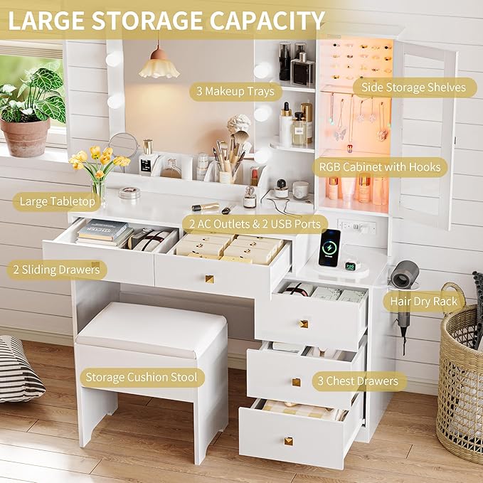 Vanity Desk with Mirror and Lights, Makeup Vanity Table Set with 5 Storage Drawers, Power Outlet & Chair, Small Dressing Table with RGB Ambient Light, Adjustable Brightness for Girls Bedroom, White