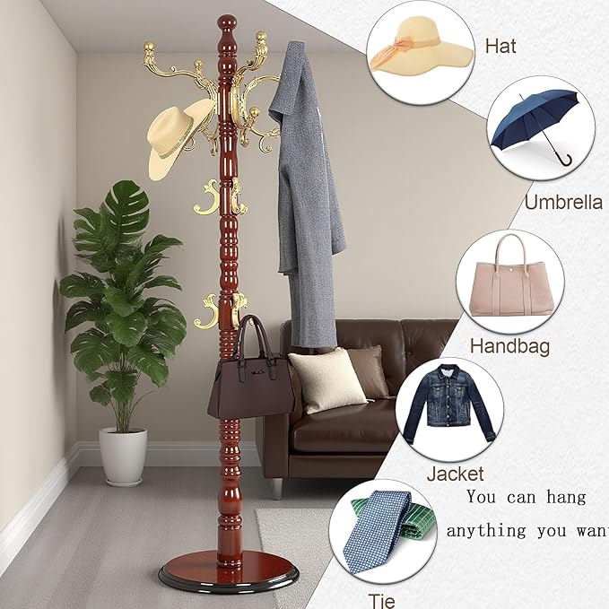 73”Vintage Wooden Coat Rack，With 14 Hooks and Sturdy Round Base.Sturdy and Durable Standing Coat Racks，Adjustable Wooden Freestanding Coat Rack for Corridors, Offices, Porch，Bedrooms (Begonia color)