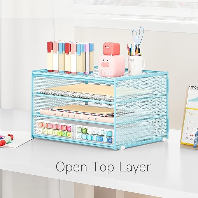 Lavatino 3-Tier Letter Tray Desk Paper Organizer – Blue Mesh Metal File Tray Organizer for Desk, Office Supplies & Home Organization | Fits A4/Letter Paper, Mail, Magazines and Office Accessories