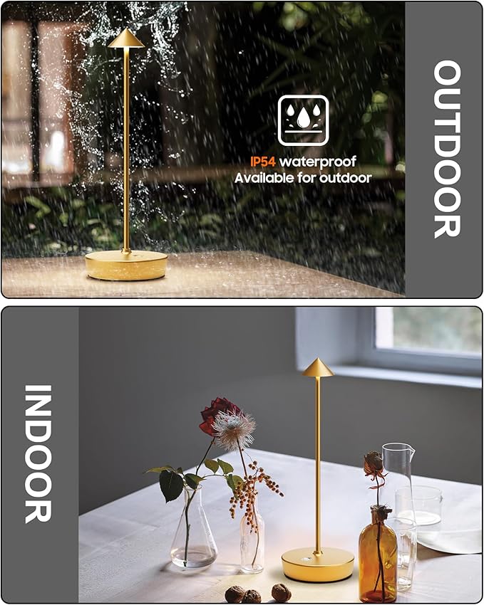Cordless Table Lamps Rechargeable, 6000mAh Battery Operated LED Desk Lamp Outdoor Waterproof Portable Touch Dimmable Table Night Light for Patio Restaurant Dining Home Gold