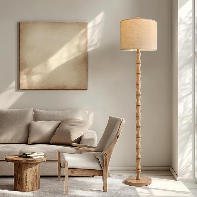 BOBOMOMO 62" Rustic Farmhouse Floor Lamp with Remote & Dimmable 9W Bulb, 3 Color Temperatures Resin Standing Lamp, Retro Corner Tall Lamp for Living Room, Bedroom, Nursery, Office, Reading Nock