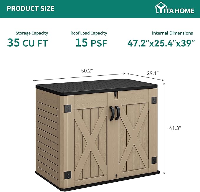 YITAHOME Outdoor Horizontal Storage Shed with X-Shaped Lockable Door, 35 Cu Ft Weatherproof Resin Tool Shed w/o Shelf, Ideal for Bike, Trash Cans, Garden Tools, Lawn Mowers, Brown