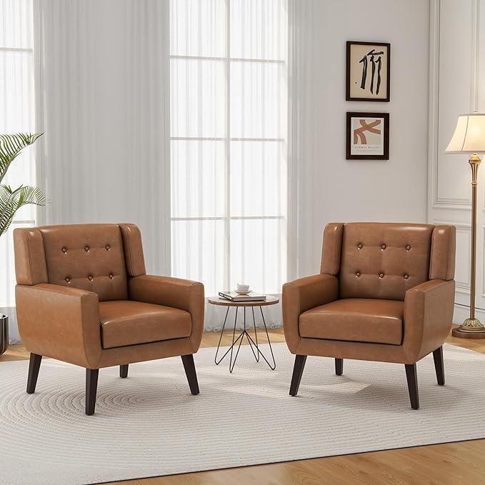 Accent Chair, Mid-Century Modern PU Leather Chairs with Arms for Living Room, Comfy Upholstered Club Single Sofa Armchair for Bedroom Waiting Room with Solid Wood Frame（Leather Brown, Set of 2)