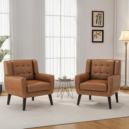 Accent Chair, Mid-Century Modern PU Leather Chairs with Arms for Living Room, Comfy Upholstered Club Single Sofa Armchair for Bedroom Waiting Room with Solid Wood Frame（Leather Brown, Set of 2)