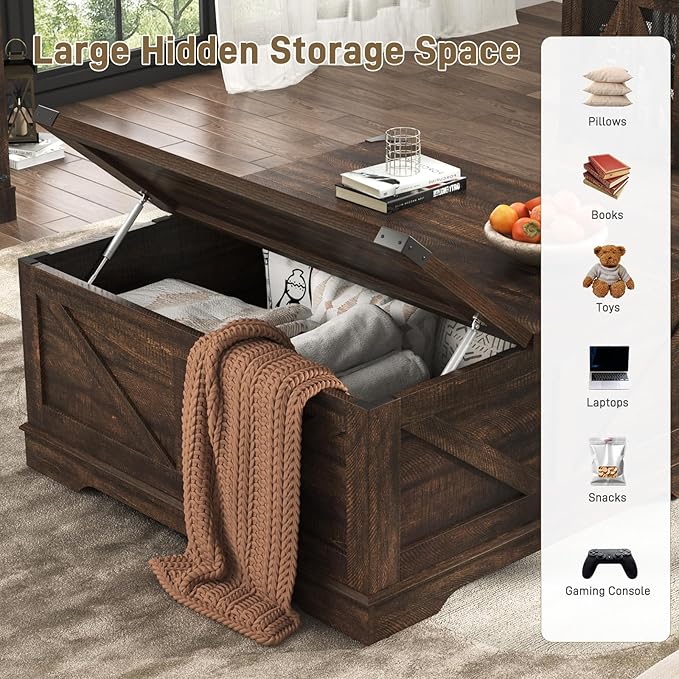40” Large Farmhouse Lift Top Coffee Table with Power Outlets and Large Hidden Storage, Square Wood Living Room Tables, Multi-Function Lift Wooden Barn Door Center Table, Brown
