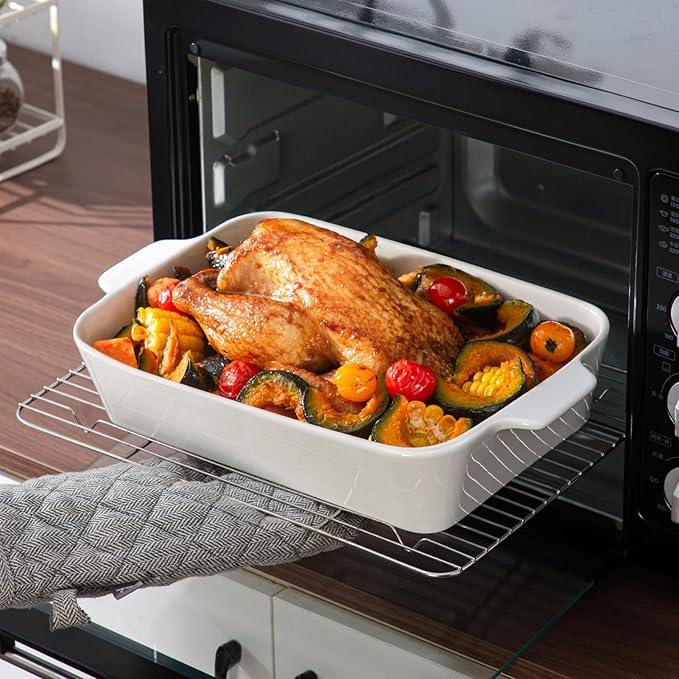 YUN TAO Casserole Dishes for Oven, Porcelain Baking Dishes, Ceramic Bakeware, Rectangular Lasagna Pans Deep with Handles for Baking Cake Kitchen,Cake Dinner,3-Piece (Set of 3, White) (White, 15.1 Inch)