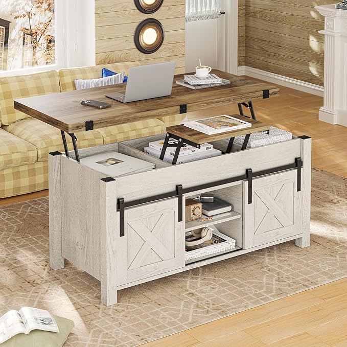 SEDETA Lift Top Coffee Table, 4 in 1 Multi-Function Convertible Coffee Tables with Storage and Hidden Compartment, Farmhouse Coffee Table Converts to Dining Table for Living Room, Brown Top