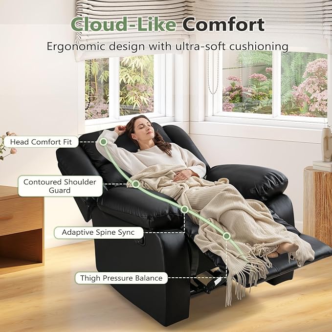 ANJ Black Recliner Chair Set of 2, with Overstuffed Arm and Back, Breathable Faux Leather Manual Reclining Chairs, Living Room Single Sofa Recliners