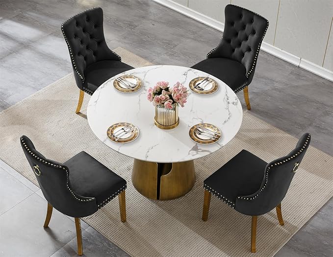 5-Piece Faux Marble Round Dining Table Set for 4, Modern Luxury Kitchen Table Set for 4 with Black Tufted Chairs,Circle Dining Tables with White Marble Grain Top and Bronze Pedestal Base