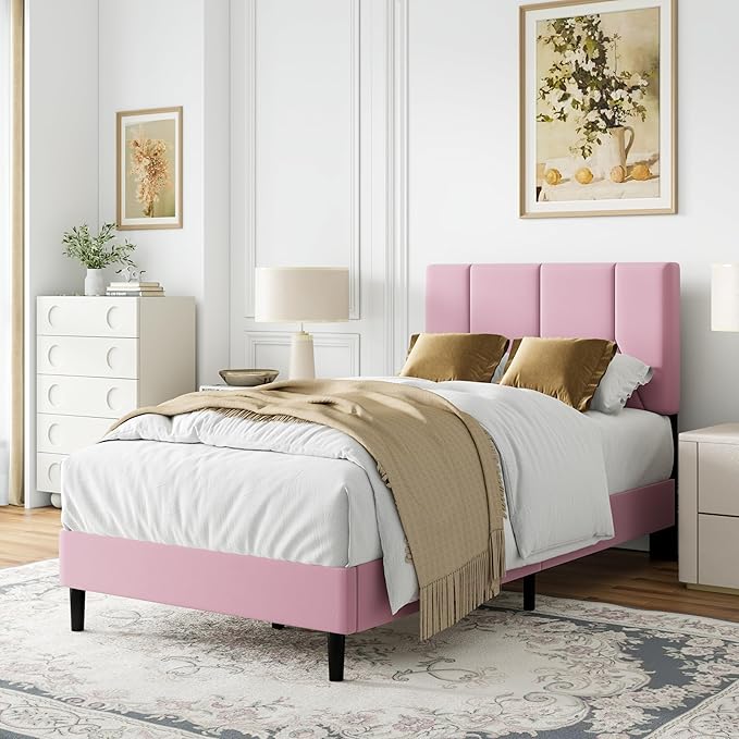 Twin Size Bed Frame, Platform Bed Frame with Velvet Upholstered Headboard, Twin Upholstered Mattress Foundation with Strong Wooden Slats, No Box Spring Needed, Noise Free, Easy Assembly