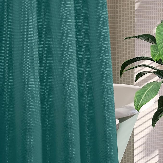 MitoVilla No Hooks Needed Dark Green Waffle Shower Curtain with Snap-in Liner, Modern Waffle Weave Fabric Cloth Shower Curtain for Luxury Neutral Hotel Spa Bathroom Decor, 72 x 74, Seaweed Green