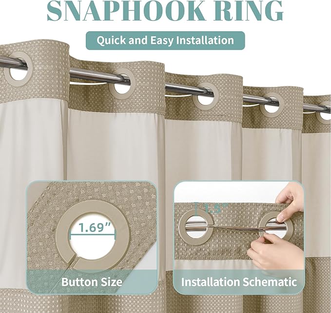 Khaki No Hook Waffle Weave Shower Curtain with snap-in Liner Replacement, 230GSM Waterproof Fabric Hotel Shower Curtain Set for Bathroom, Through Mesh Top Window,71Wx77H