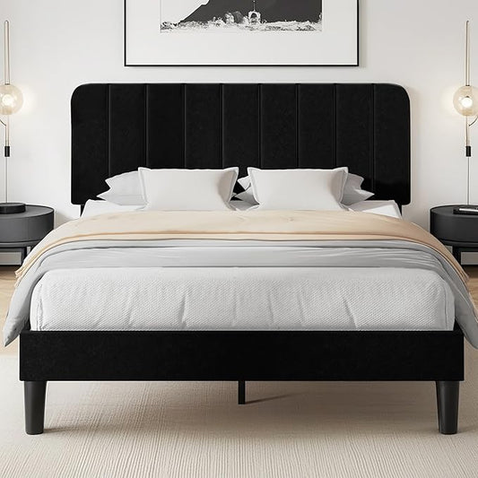VECELO Queen Size Bed Frame with Upholstered Headboard, Velvet Platform Bedframe Mattress Foundation, Strong Wood Slat Support, No Box Spring Needed,Black