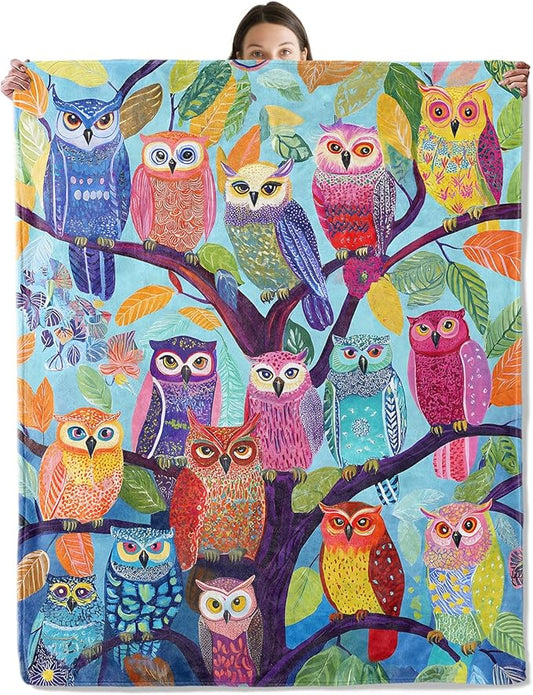 Colorful Owl Tree Blanket, Cozy Flannel Vibrant Owls on Branches Throw Blanket for Couch Outdoor, Plush Soft Lightweight Travel Blankets for Bed Decor and Gifts, for Women Kids Adults 50"x60"