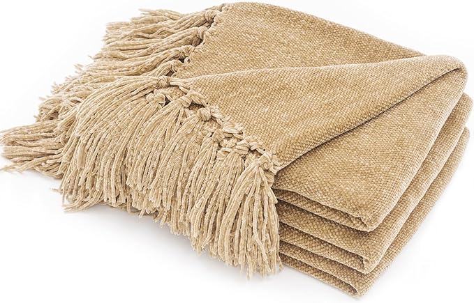 RECYCO Throw Blanket Soft Cozy Chenille Throw Blanket with Fringe Tassel for Couch Sofa Chair Bed Living Room Gift (Beige, 50" x 60")