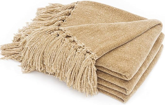 RECYCO Throw Blanket Soft Cozy Chenille Throw Blanket with Fringe Tassel for Couch Sofa Chair Bed Living Room Gift (Beige, 50" x 60")