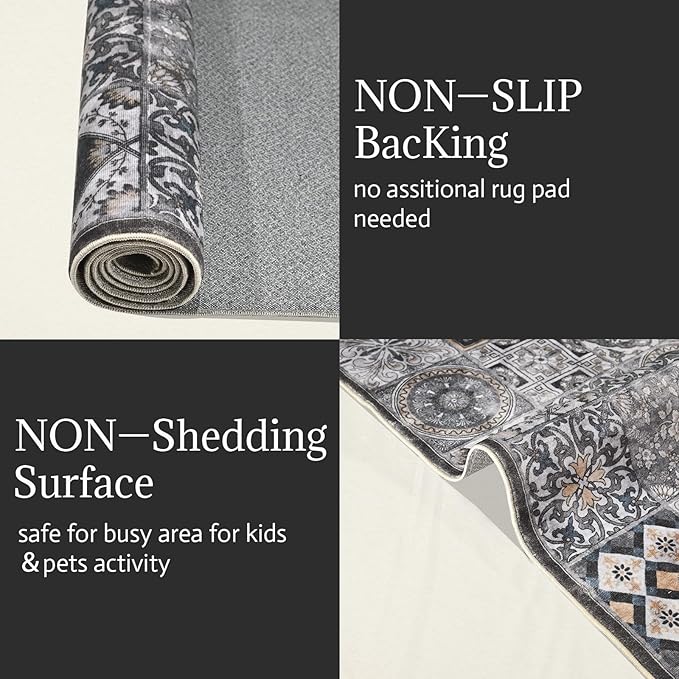 Washable Entryway Rug 3'x5 Non-Slip Backing Vintage Indoor Rug Low Pile Lighrweight Carpet for High-Traffic Indoor Entrance & Kitchen