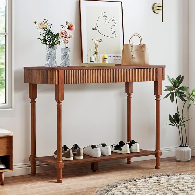 43.3” Console Table with 2 Drawers, Modern Retro Entryway Table with Fluted Panel & Storage Shelf, Narrow Wood Behind Couch Sofa Table for Living Room, Foyer, Hallway(Walnut)