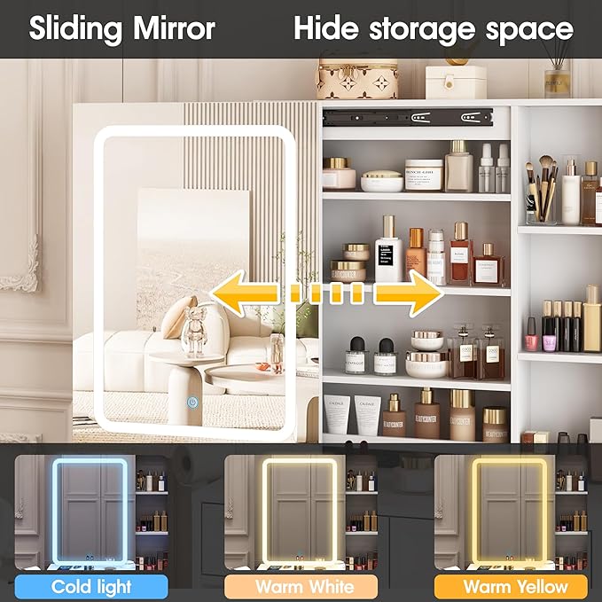 Makeup Vanity Desk with LED Lighted Sliding Mirror, Vanity Table with Jewelry Cabinet and 4 Drawers, Charging Station & Lots Storage Shelves, Adjustable Brightness, Dressing Table Cushioned Stool Set