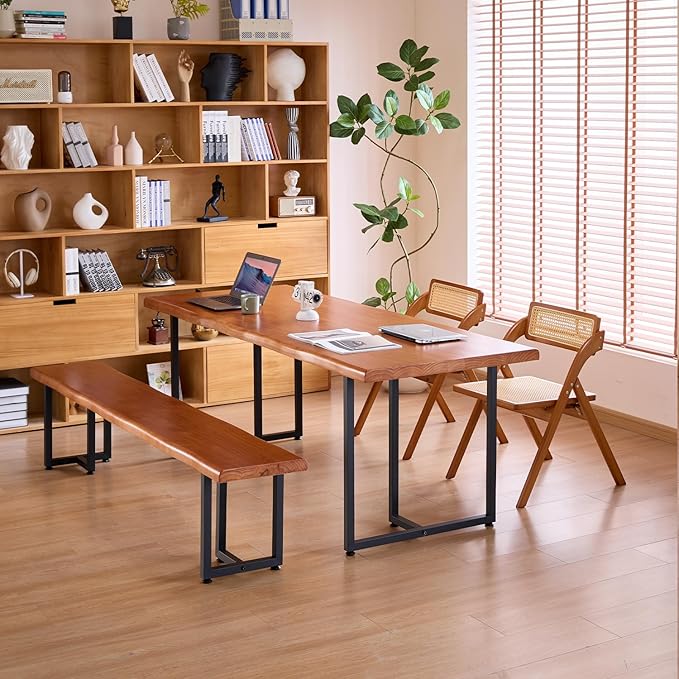 Durable Solid Wood Top Bench with Metal Triangular Legs – Stylish Long Dining Bench for Home, Office, Restaurant & Patio (Wooden Brown Bench, 55.12in)