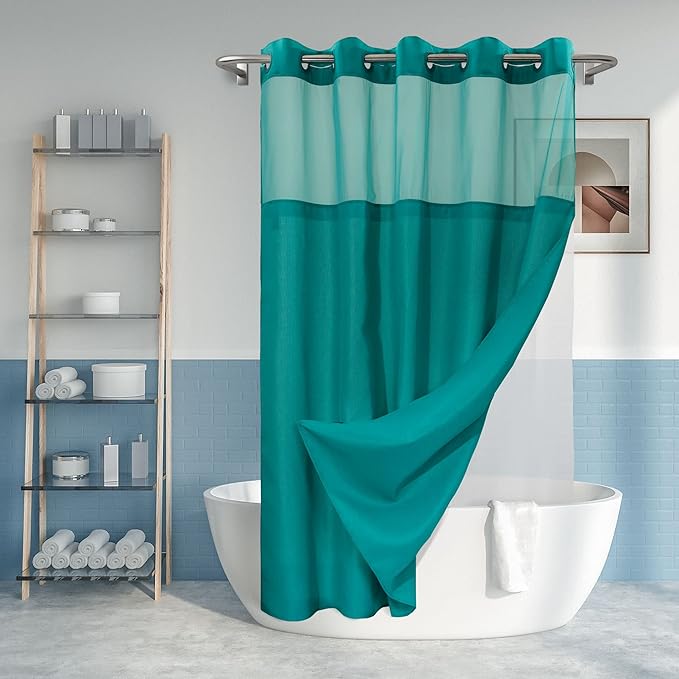 No Hook Slub Textured Shower Curtain with Snap-in PEVA Liner Set - 71" x 74"(72"), Hotel Style with See Through Top Window, Machine Washable & Water Repellent, Teal, 71x74