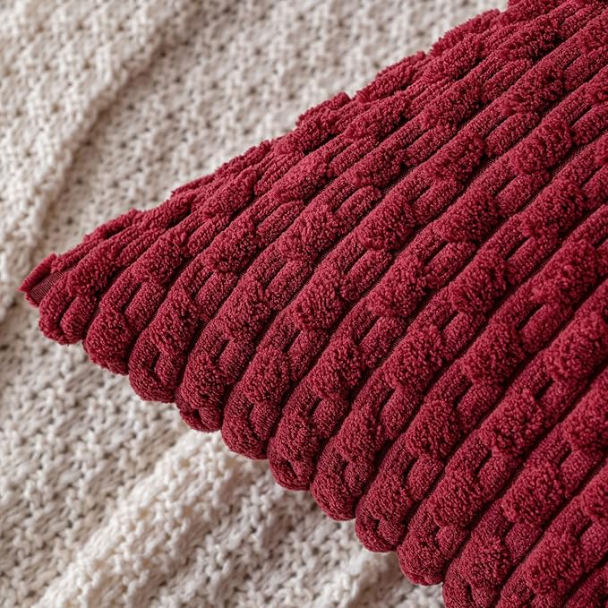 MIULEE Christmas Wine Red Throw Pillow Covers Soft Corduroy Decorative Set of 2 Boho Striped Pillow Covers Pillowcases Farmhouse Home Decor for Couch Bed Sofa Living Room 20x20 Inch