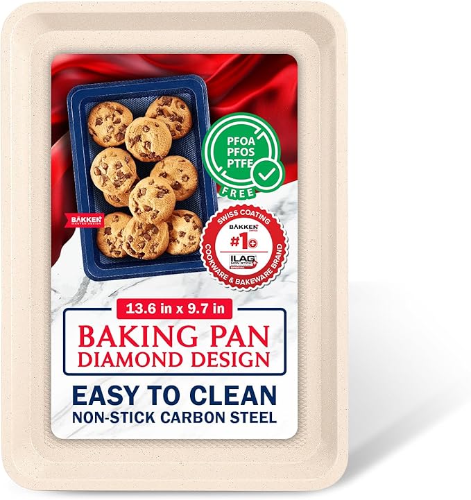 BAKKEN Kitchen Baking Pans - Nonstick White Coating, 13.58’’ × 9.65’’ Commercial Grade Carbon Steel Cookie Sheet, Diamond Texture Bottom, PFOA, PFOS, PTFE Free, Oven Safe Tray (450°F), White Marble