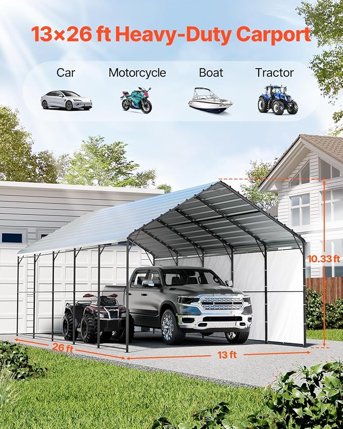 VEVOR Heavy Duty Metal Carport, 13' x 26' Outdoor Carport with Galvanized Steel Frame & Roof, Car Tent Garage Shade with Removable Sidewalls, Multi-Use Car Shelter for Pickup, Boat, Car & Tractors