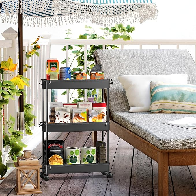 SPACEKEEPER Slim Rolling Storage Cart, 3 Tier Bathroom Storage Organizer Laundry Room Utility Cart Mobile Shelving Unit, Multi-Purpose for Kitchen Office Bathroom Laundry Narrow Places, Black