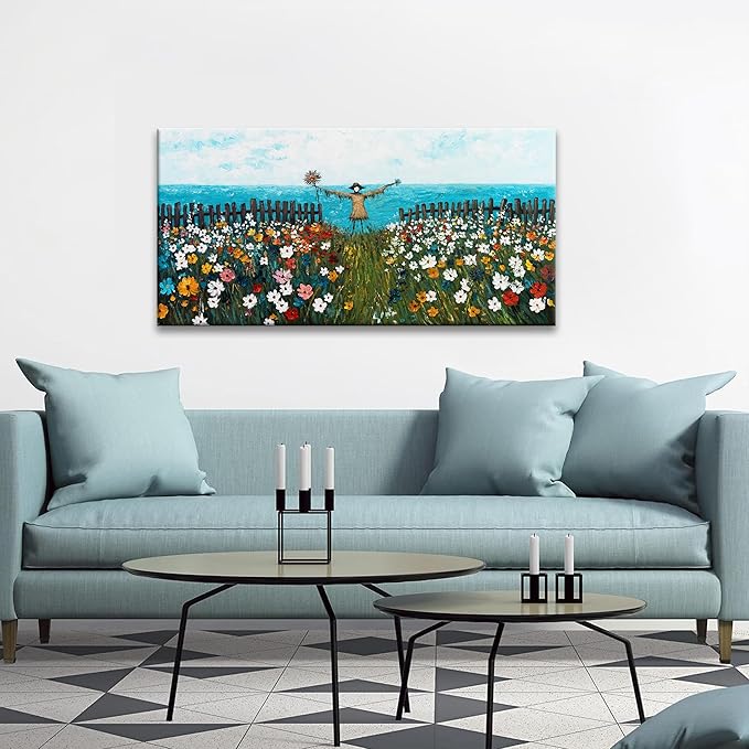Tsomzxng Canvas Wall Art Decor Blue Sea Wall Decor Colorful Flowers Scarecrow Landscape Print Painting Artwork Picture For Bedroom Apartment Bathroom 20x40 Inch