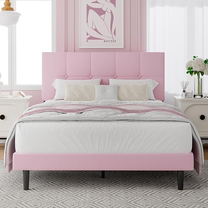 Full Size Bed Frame, Full Size Platform Bed Frame with Headboard, Upholstered Headboard, Sturdy Wooden Slats, Noiseless No Box Spring Required, Easy to Assemble, Pink