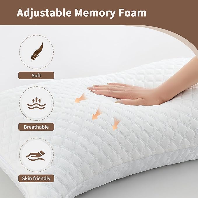 Cooling Pillow for Side Sleepers - Ergonomic Curved Design & Adjustable Shredded Memory Foam for Neck/Shoulder Pain Relief, Queen Size Bed Pillow with Washable Cover & Extra Fill (Crescent White)