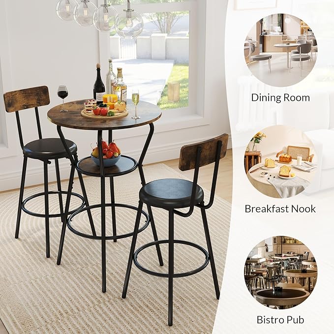 3-Piece Round Bar Table and Chair Set, Small Dining Table for 2, Breakfast Table with 2 Upholstered Stools, Modern Kitchen Bar Table, for Kitchen, Dining Room & Bistro-Rustic Brown