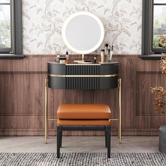 Makeup Vanity with Mirror and Lights - with LED Mirror,Glass Top for Bedroom,Stainless Steel Foot，White Wax Wood Stool