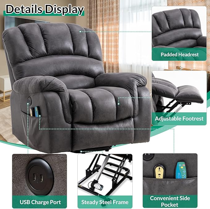 VIVIJASON Large Power Lift Chair Electric Recliner with Heat & Massage for Elderly Big People, Heavy Duty and Safety Motion Wide Recliners with 2 Remote Controls, Side Pockets & USB Ports, Gray