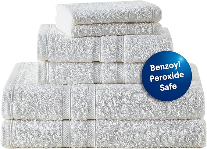 CLOROX Bleach Friendly Towel Set, Quick Dry 100% Cotton Highly Absorbent Lightweight, 2 Bath, 2 Hand, 2 Washcloth Towels Ideal for Everyday Use (6 Pack, White)