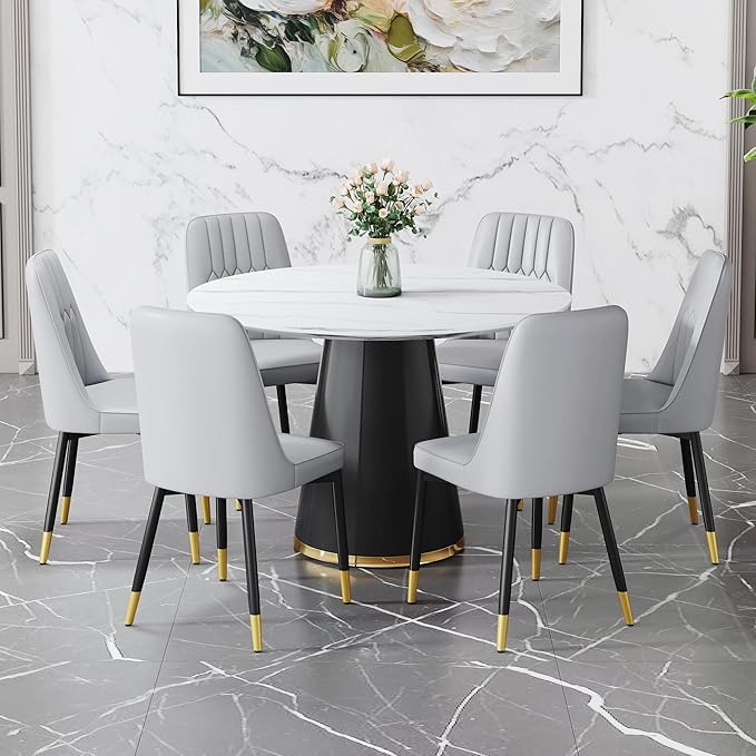 45 Inch Round Dining Table Set for 6, 7 Piece Kitchen Table and Chairs Set, White Faux Marble Table Top, Small Space Dining Set for Apartment or Dining Room