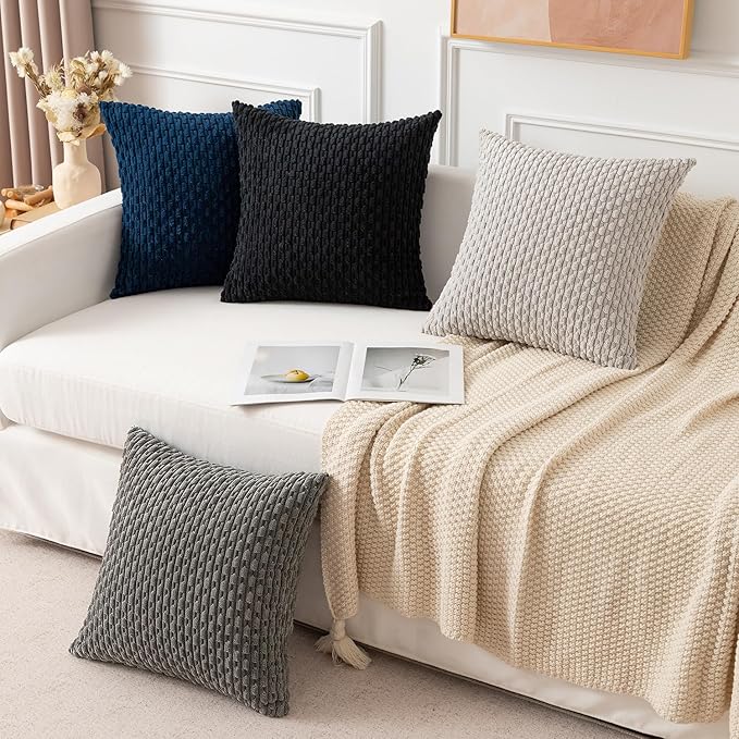 Kevin Textile Throw Pillow Cover Striped Pattern Decorative Soft Corduroy Cushion Covers Stripes for Living Room Set of 2 18x18 Inch Dark Grey