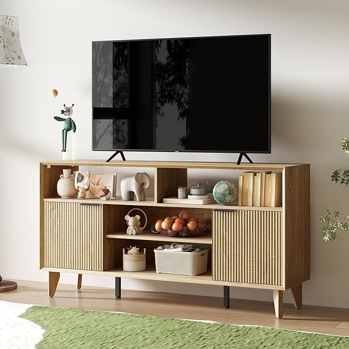 Fluted TV Stand for 70 inch，Entertainment Center with Storage Cabinets, Modern TV Console with Open Adjustable Shelves, TV Stand for Living Room Bedroom, Natural