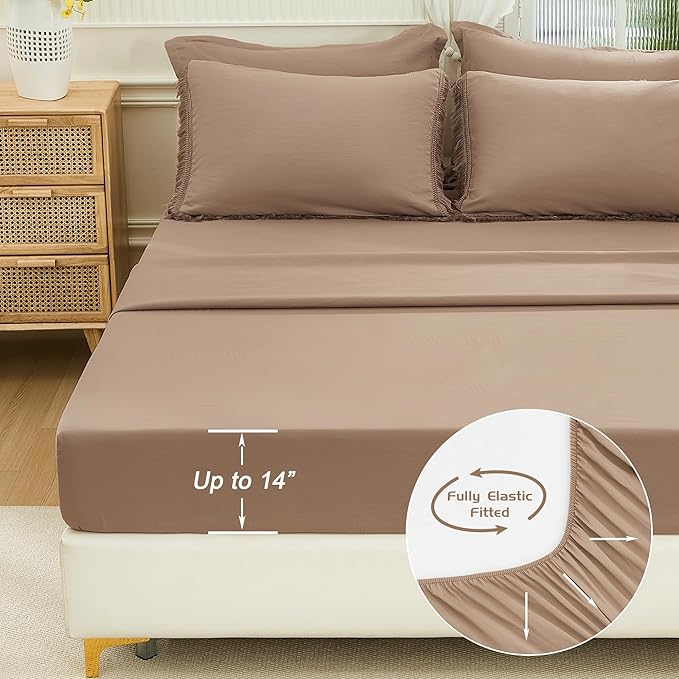 Andency Taupe King Size Comforter Set with Sheets - 7 Pieces Boho Tassel Bed in a Bag Soft Lightweight Bedding Sets, Taupe Fringe Bed Set with Comforter, Sheets, Pillowcases & Shams