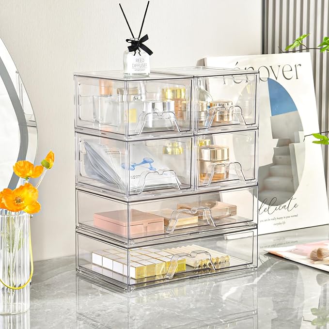 4 Pack Stackable Storage Drawers Clear Acrylic Organizer Bathroom Makeup Organizer and Storage for Beauty Supplies,Ideal for Vanity, Bathroom,Cabinet,Pantry Organization