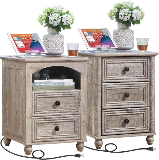 18" Farmhouse Night Stand Set 2 with Charger Station, Grey 2 & 3 Drawers Wood Nightstand, Bedside End Table with Storage and Roman Column, Bed Side Tables Cabinet for Bedroom, Living Room, and Closet
