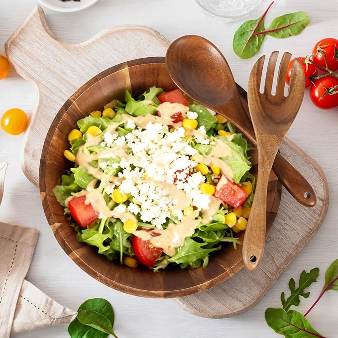 Wooden Salad Bowl Set 11.8 Inch – Acacia Large Wood Salad Bowl with Wooden Serving Utensils, Big Salad Bowls for Fruits, Food Serving & Hosting Family Gatherings