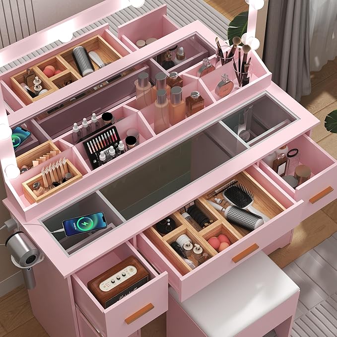 Makeup Vanity Desk with Large Lighted Mirror and Lights, Glass Top Vanity Table Set with 7 Drawers, Power Outlet & Storage Stool, Dressing Table with RGB Ambient Light for Women Girls Bedroom, Pink