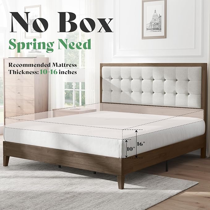 AMERLIFE Full Size Solid Wood Bed Frame with Tufted Headboard, Mid-Century Style, No Box Spring Required, Easy Assembly, Ash Gray